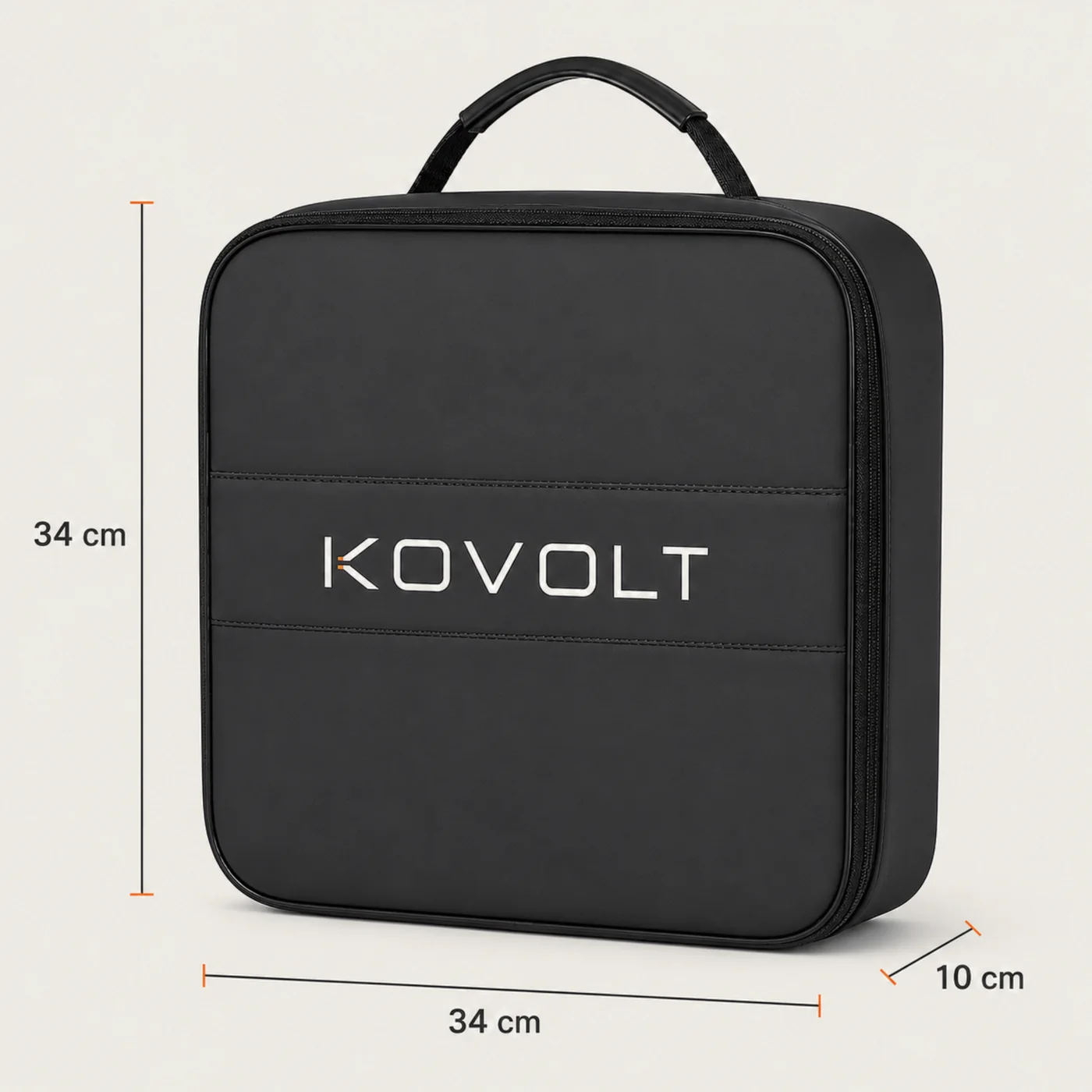 Dimension drawing of the Kovolt Case: 34 cm wide, 34 cm tall and 10 cm deep.