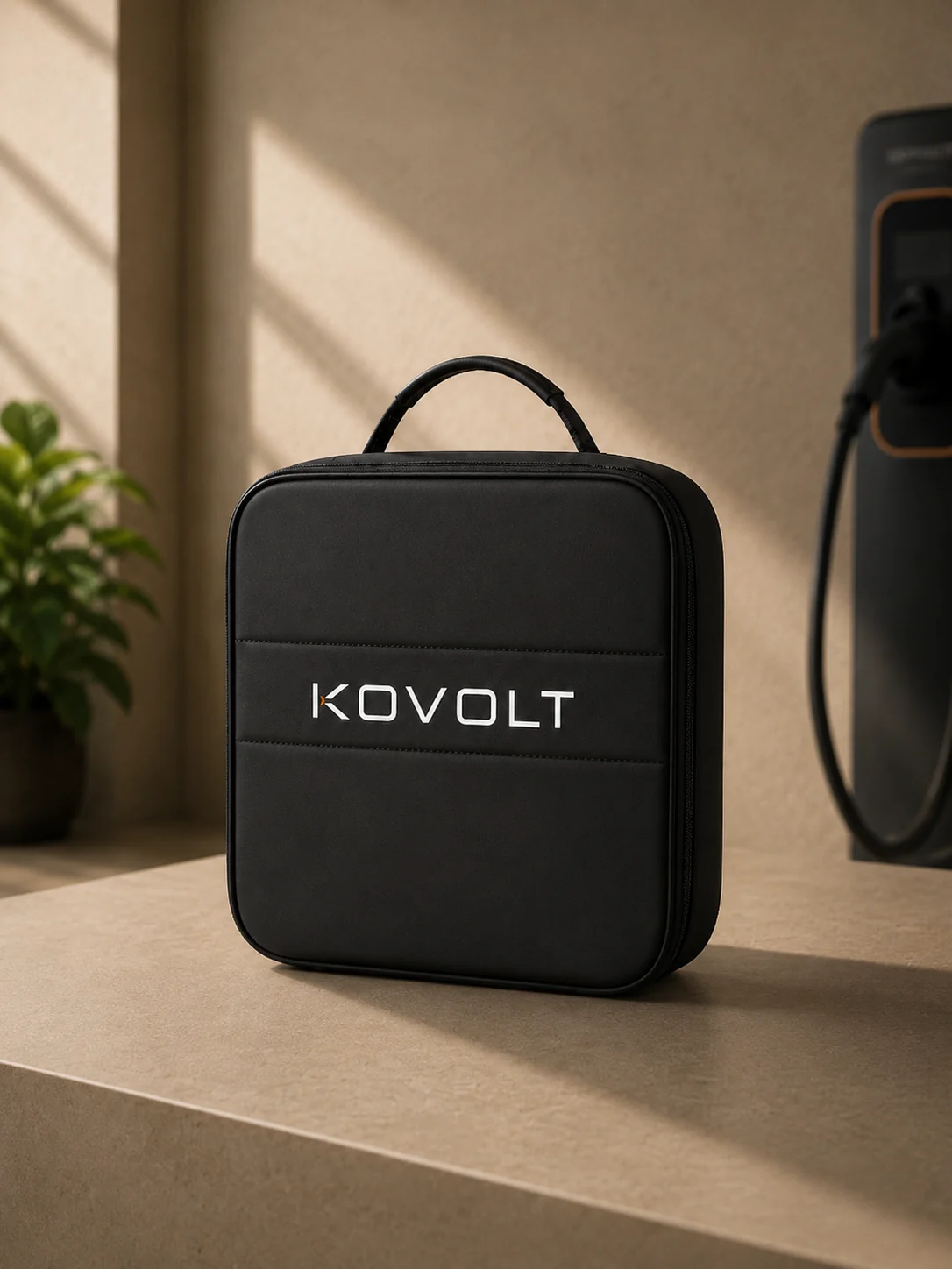 The Kovolt Case on a stone shelf beside a home charging point.